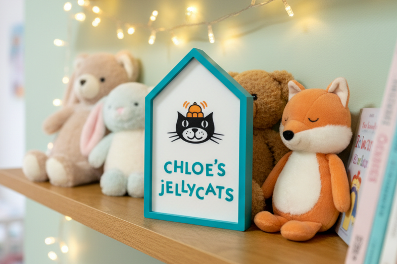 Customizable 3D printed Jellycat Store Display Sign by NiccieNacks, featuring colorful home decor with personalized text and playful design.