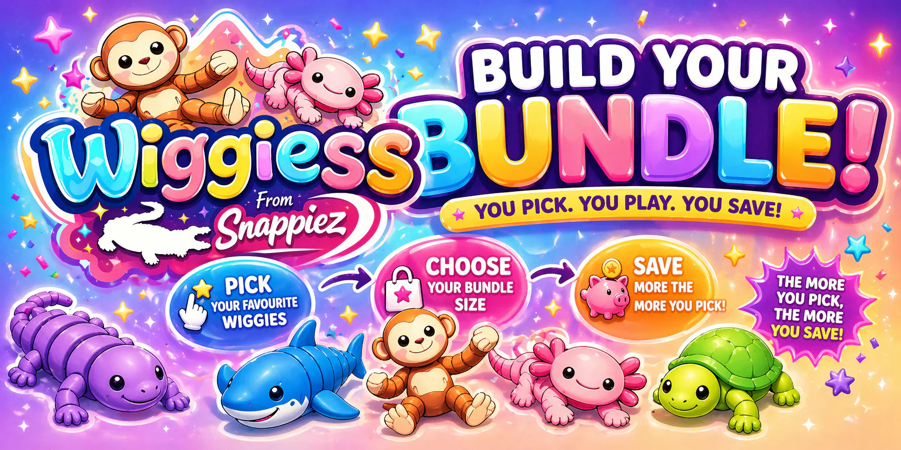 NiccieNacks X10 Wiggies Bundle poster showing colorful, playful wiggy characters in a vibrant design.