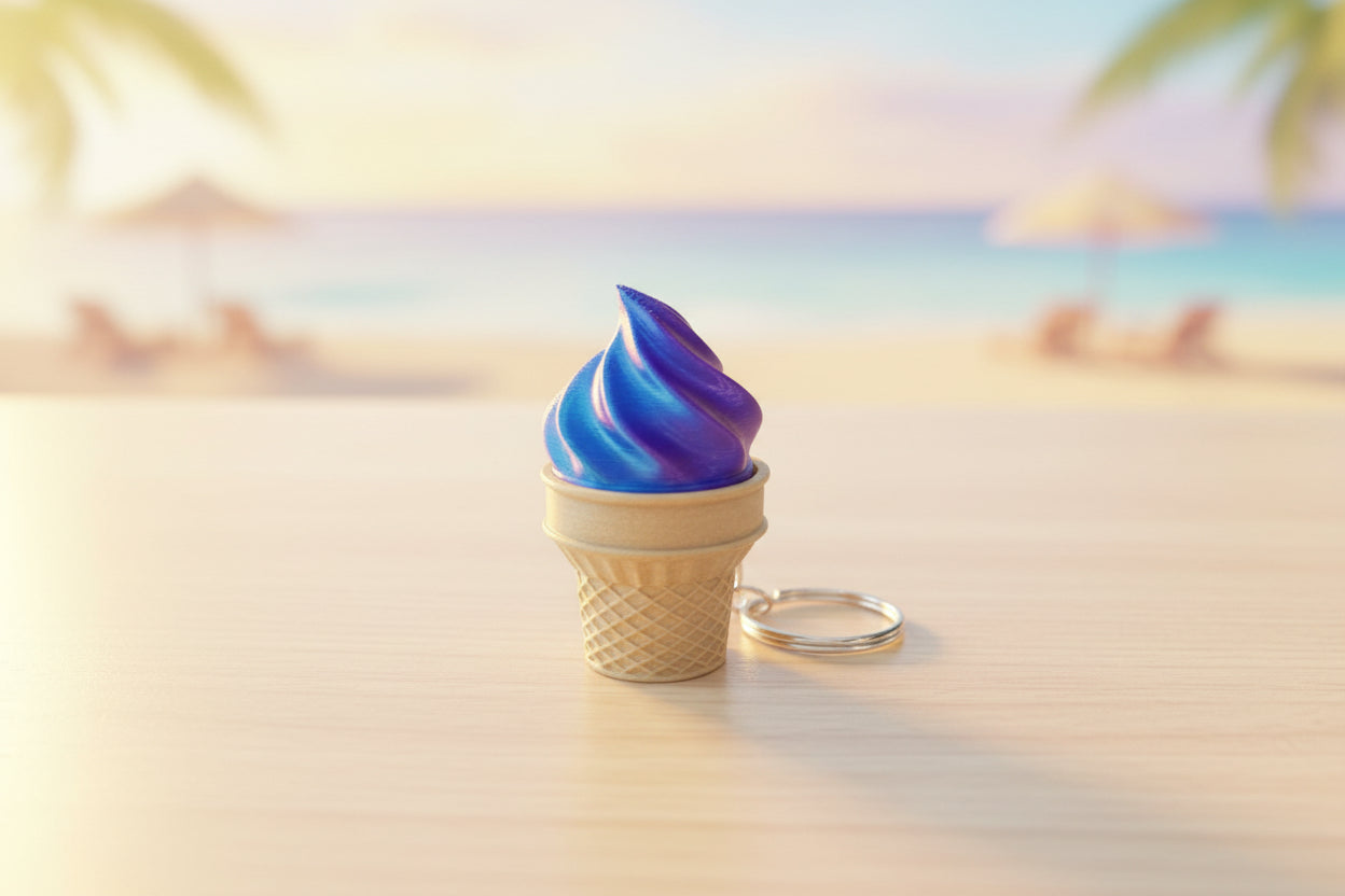 NiccieNacks ice cream cone fidget clicker toy keychain with clickable ice cream scoop and cone design, portable stress-relief accessory.
