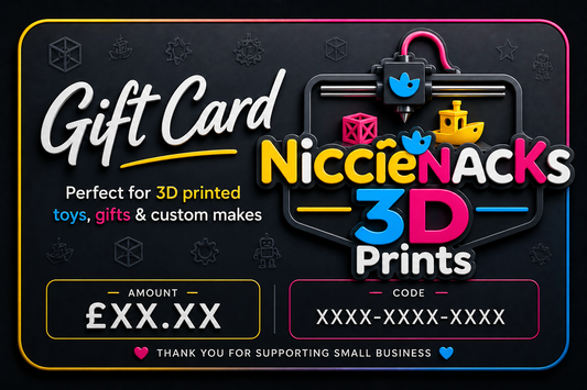 NiccieNacks gift card with festive design, perfect for gifting, featuring the NiccieNacks brand logo and cheerful holiday imagery.