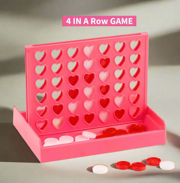 NiccieNacks Heart Four in a Row Travel Game, compact gift set with colorful game pieces on a heart-shaped board.