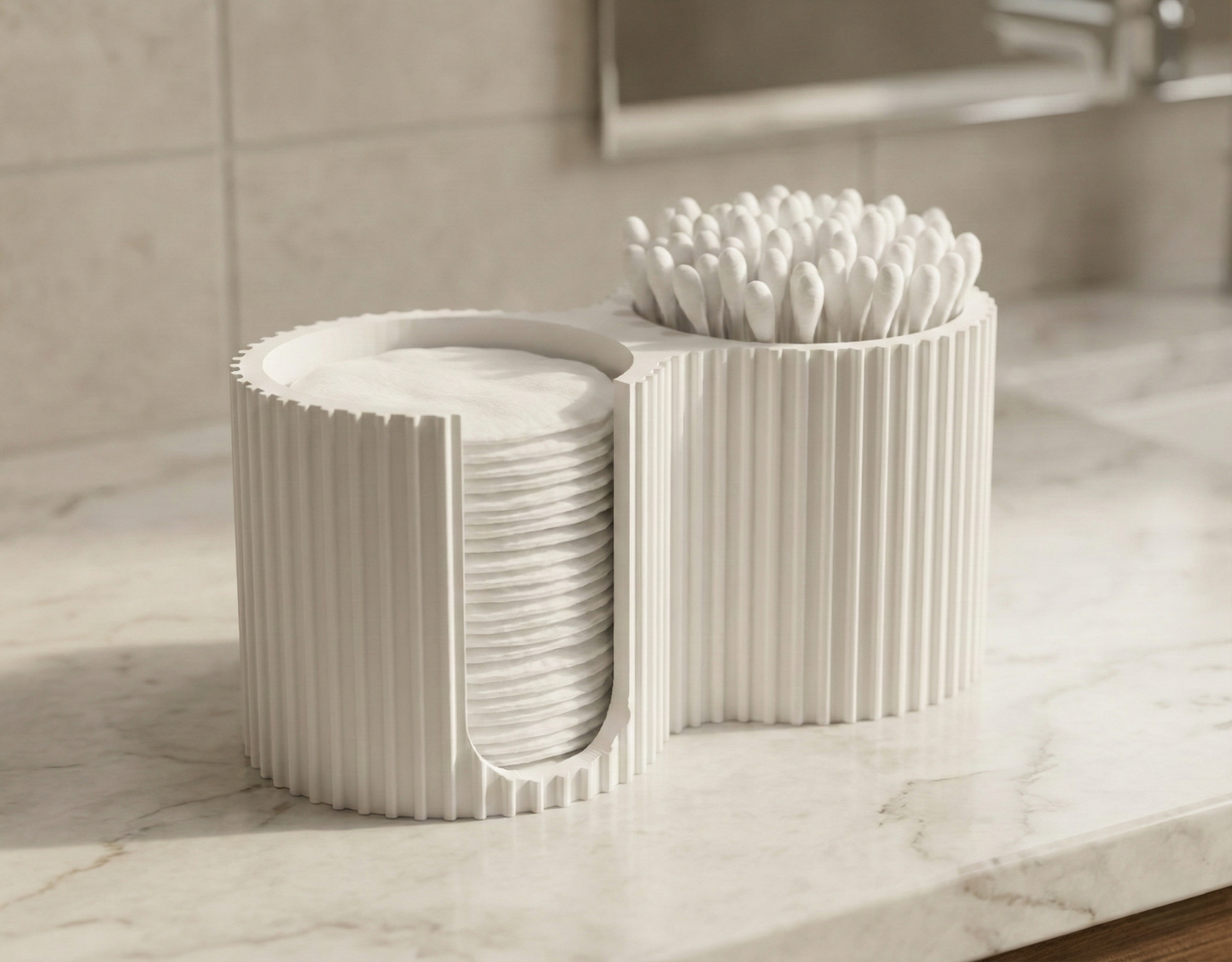 NiccieNacks bathroom cotton pads and buds ridged holder with open top, designed for organizing cotton swabs and pads.