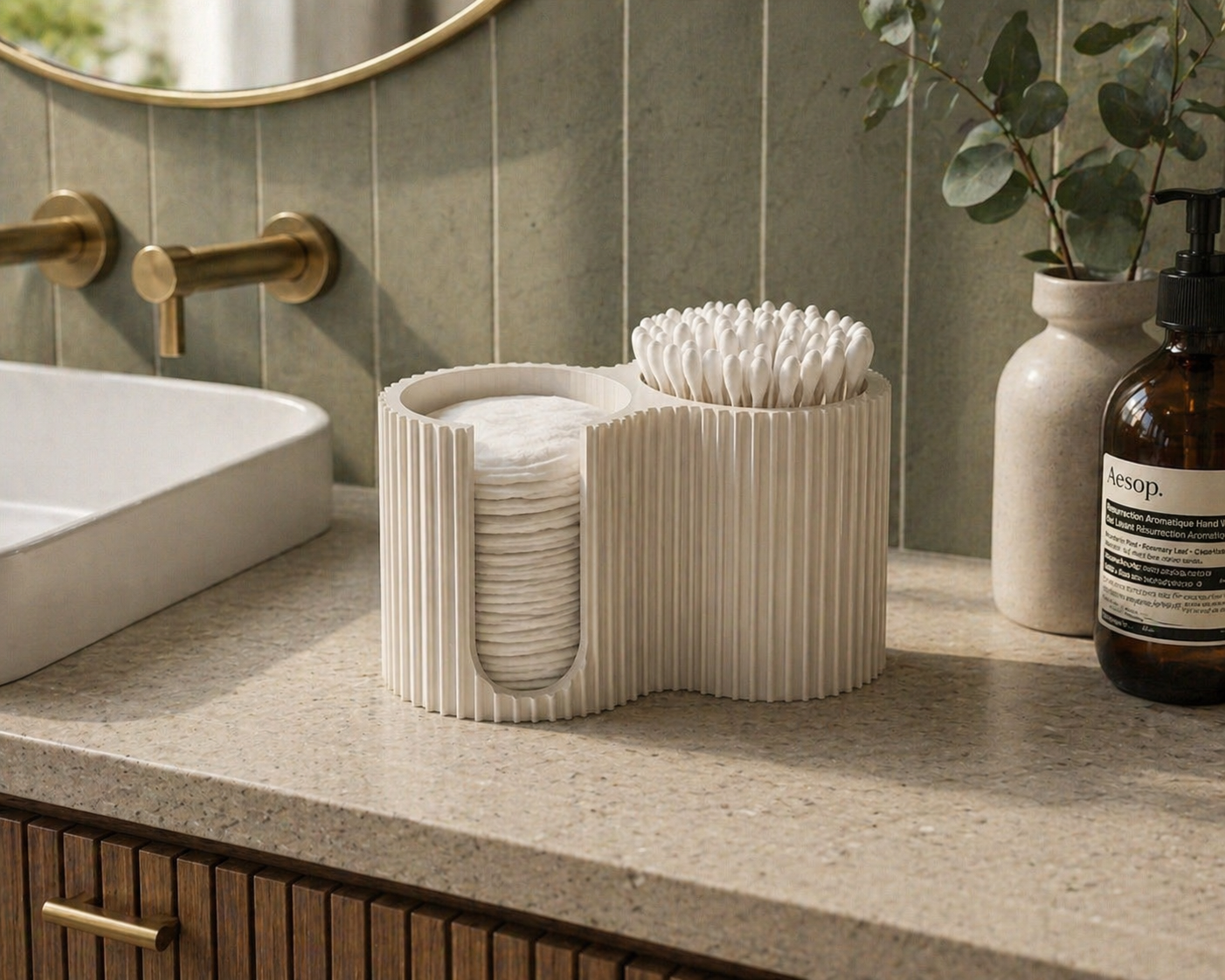 NiccieNacks bathroom cotton pads and buds ridged holder, white home storage container for organizing cotton swabs and pads.