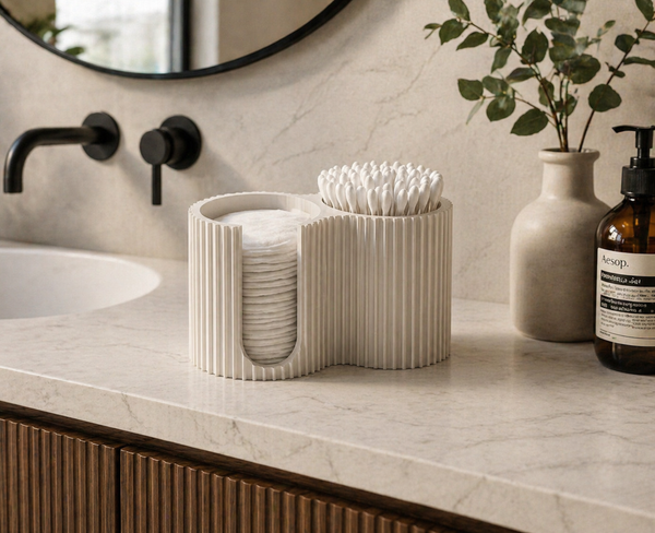 NiccieNacks bathroom cotton pads and buds holder, ridged plastic container for organizing personal care accessories.