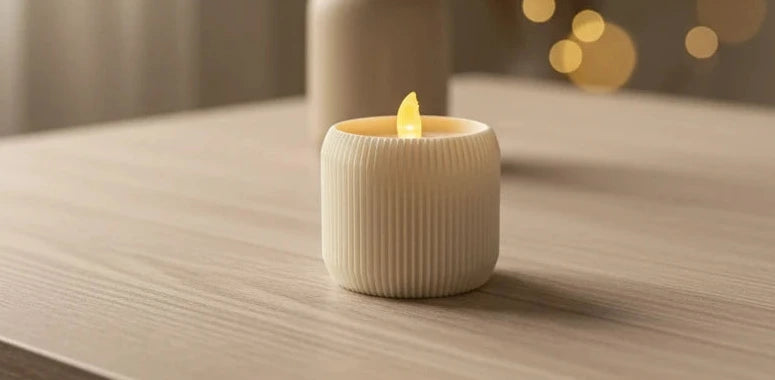 White ridged teacup candle holder from NiccieNacks, designed for tealight candles, ideal for home decor and ambient lighting.