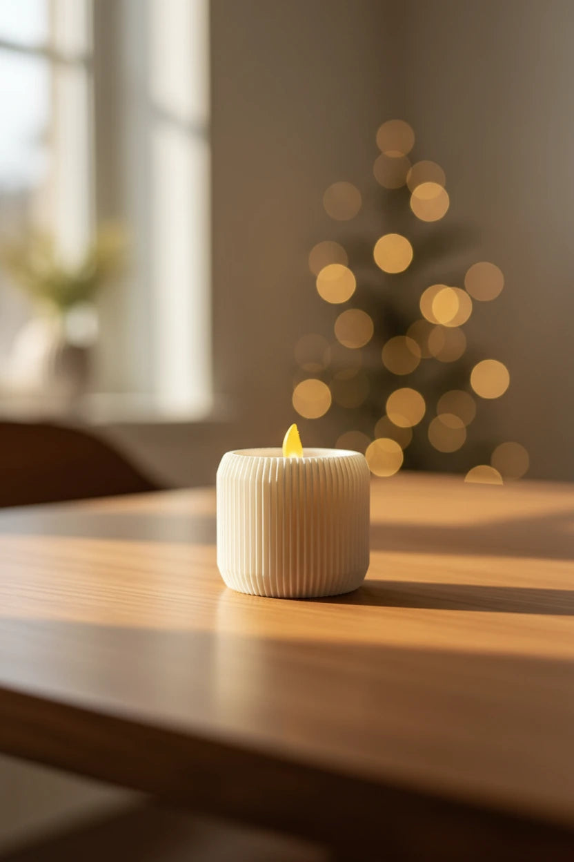 White ridged tealight candle holder from NiccieNacks, designed for home decor, with a textured surface and open top for tealights.