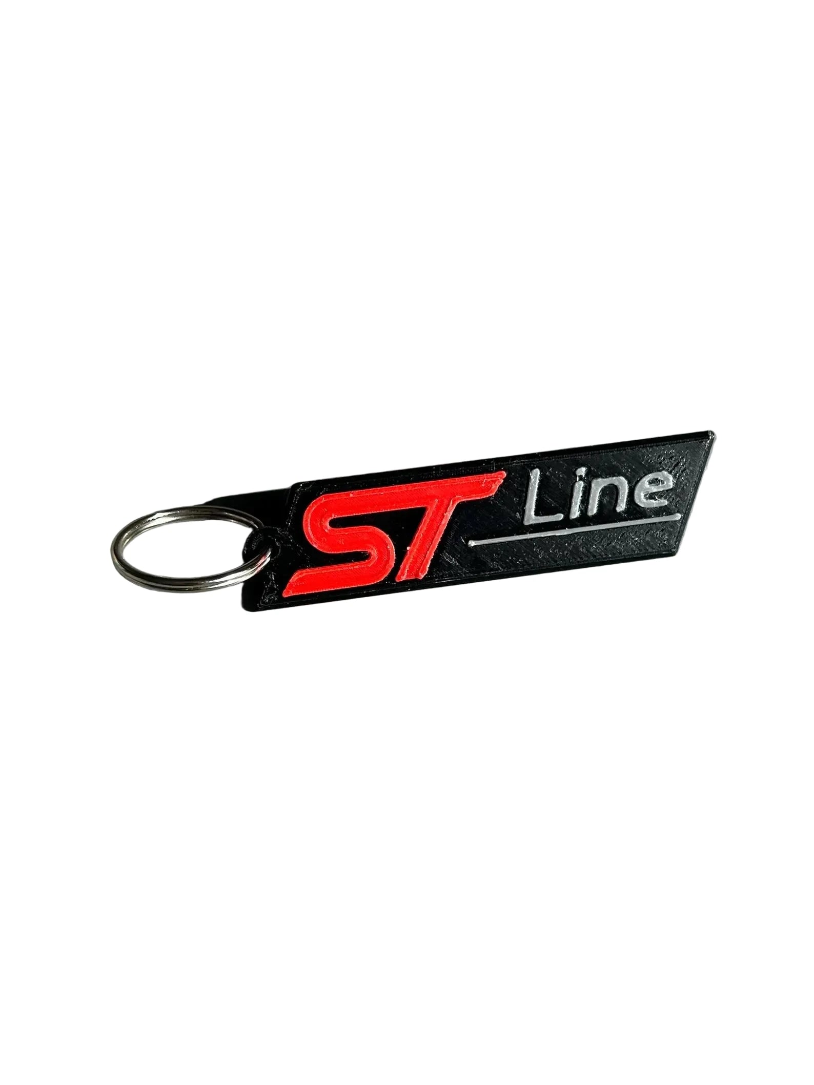 NiccieNacks Ford ST Line logo keychain with a sleek metal design and embossed Ford emblem on a black background.